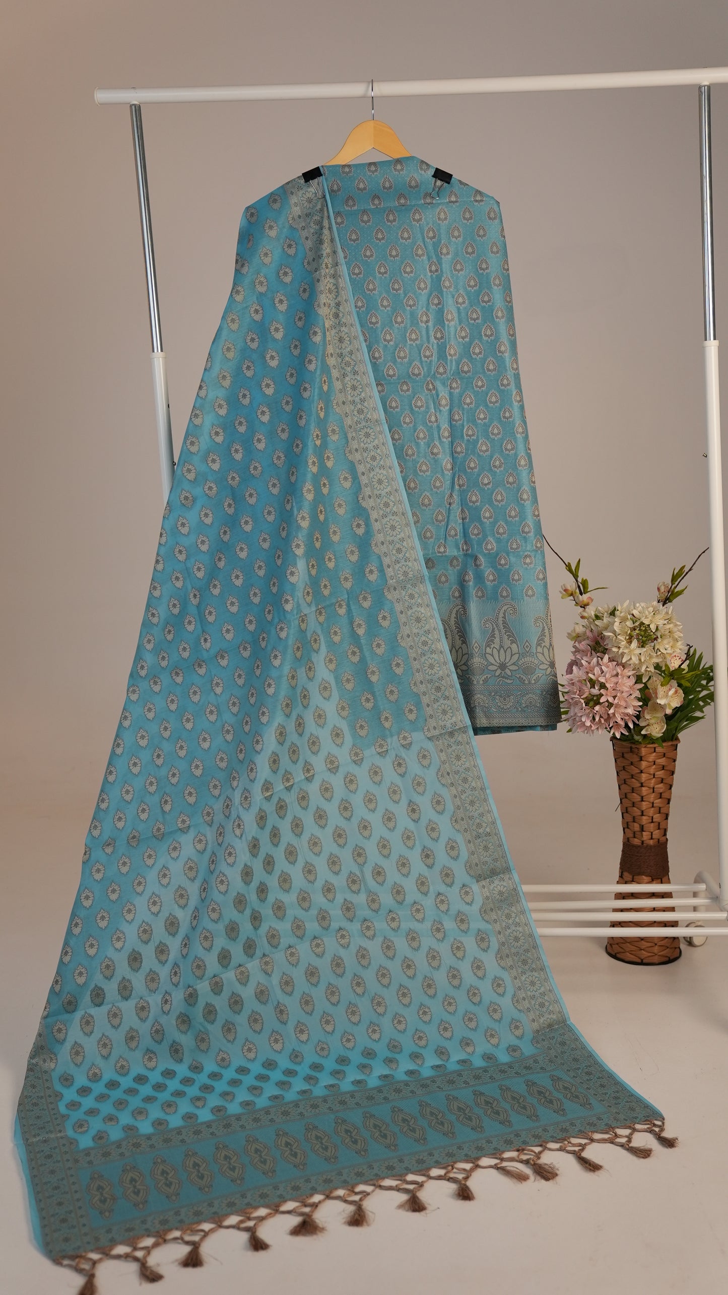 Elegant Sky Blue Banarasi Cotton Suit with Zari Detailing