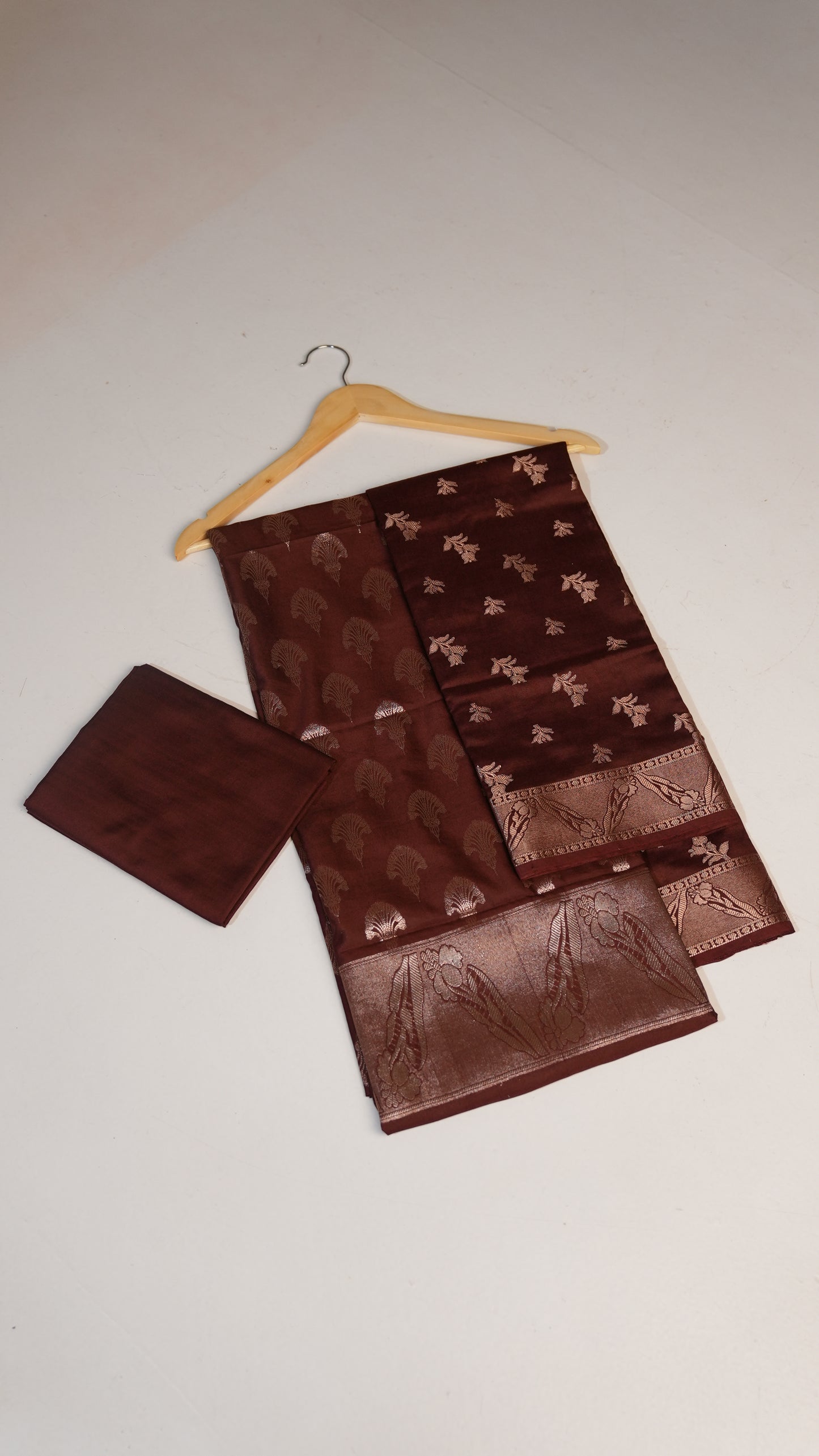 Mocha Elegance Banarasi Handloom Suit – Zari Boota with Peacock Border