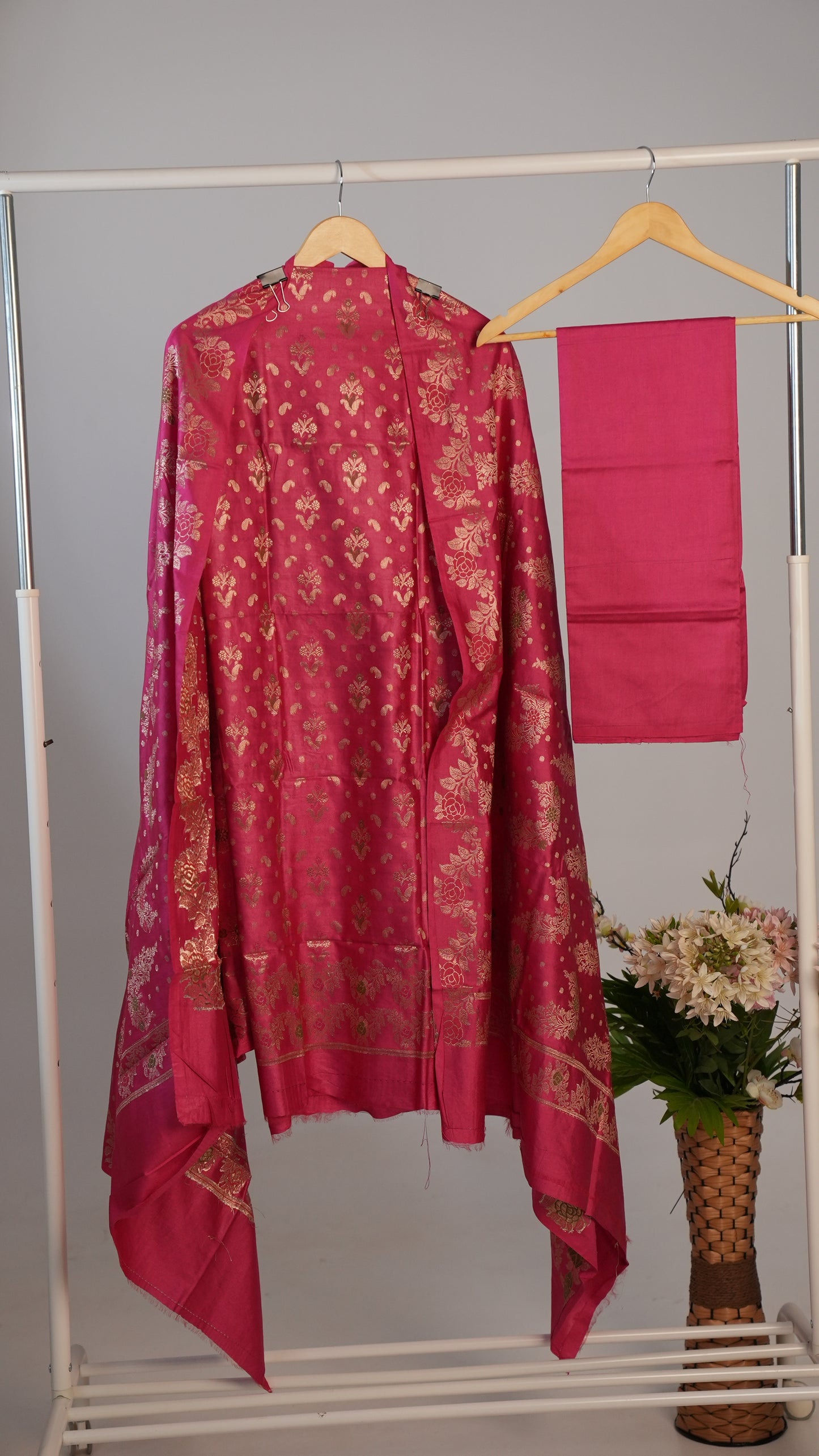 Royal Pink Banarasi Silk Suit Set with Golden Zari Work