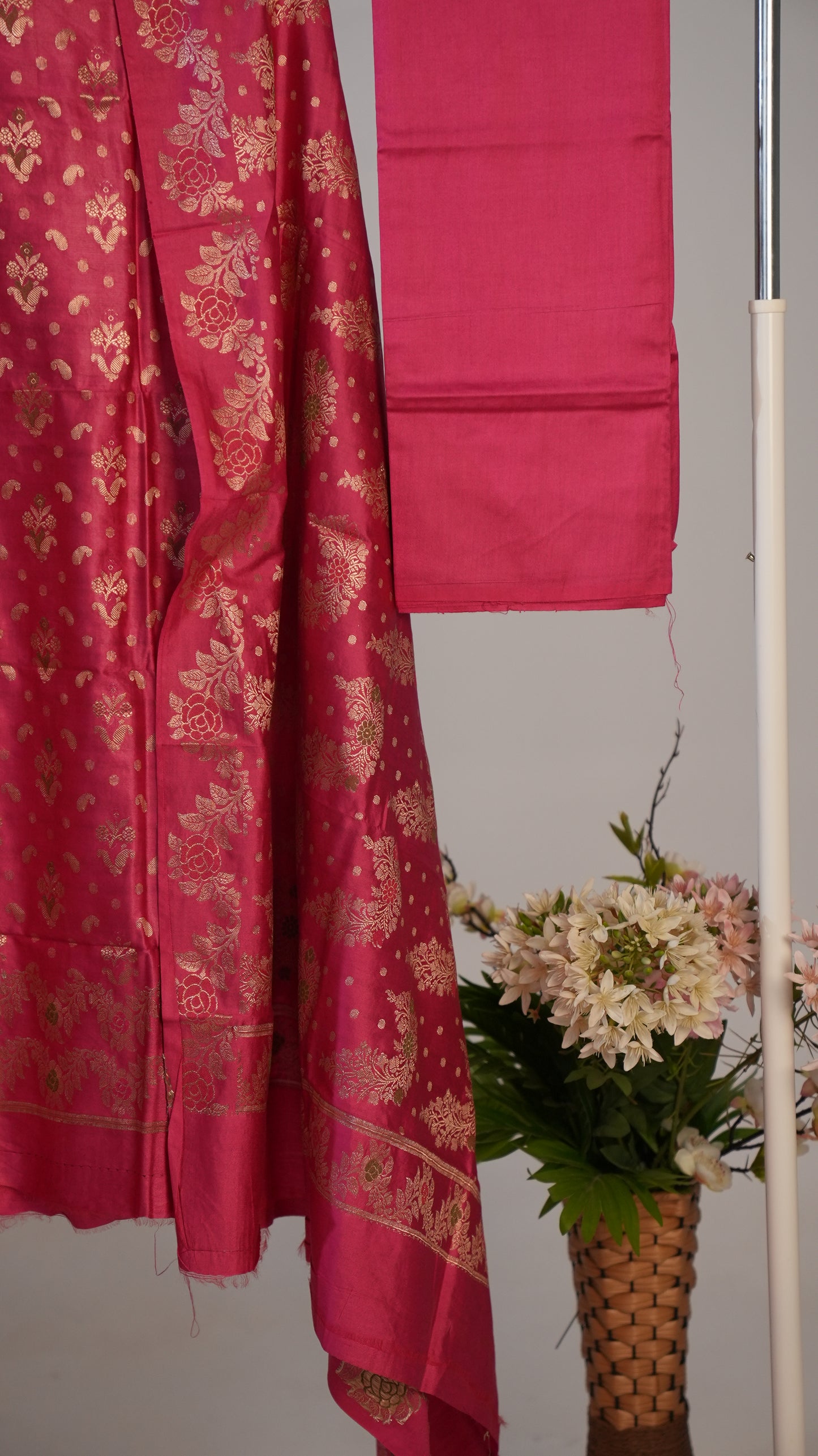 Royal Pink Banarasi Silk Suit Set with Golden Zari Work