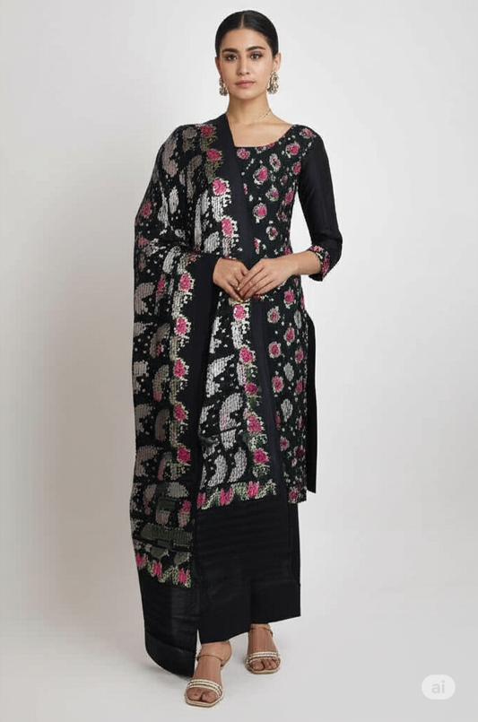 Elegant Black Banarasi Suit Set with Floral Zari Work