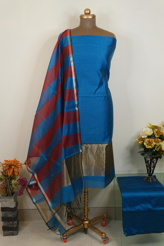 Reshamnagari Royal Blue Chanderi Suit Set with Zari Border Dupatta