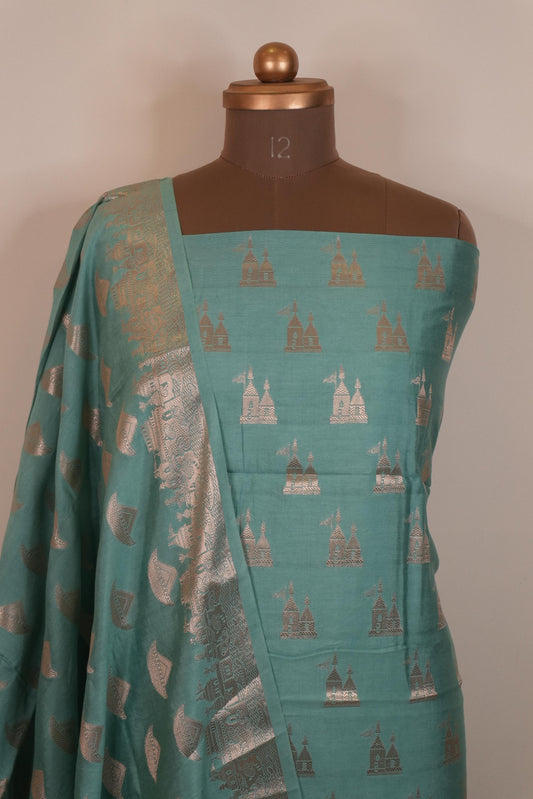 Reshamnagari Turquoise Banarasi Chanderi Suit Set – Silver Zari Royal Collection