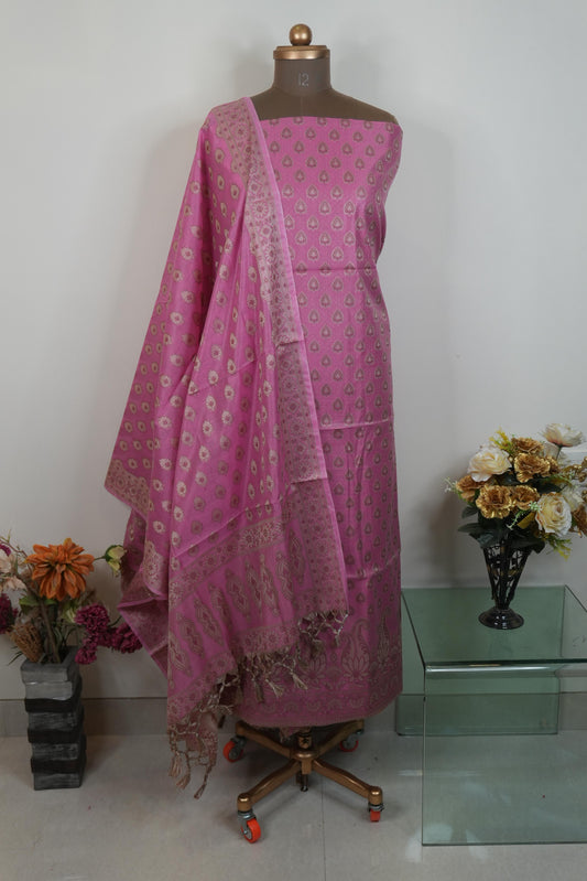 Reshamnagari Pink Banarasi Chanderi Suit Set with Zari Woven Motifs