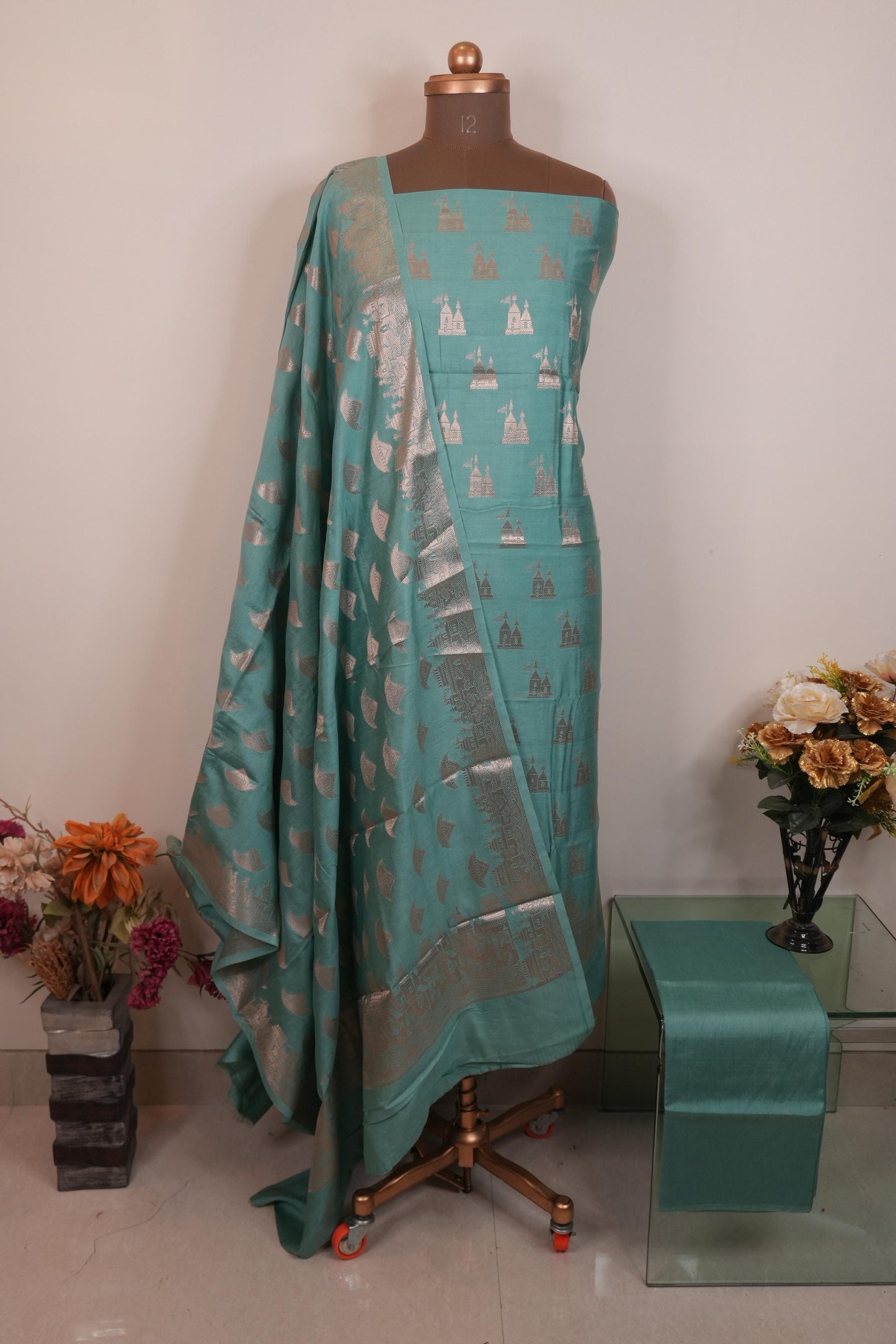 Reshamnagari Turquoise Banarasi Chanderi Suit Set – Silver Zari Royal Collection