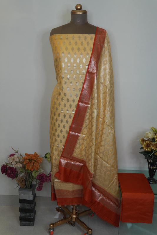 Reshamnagari Beige Banarasi Chanderi Suit Set with Red Zari Border Dupatta