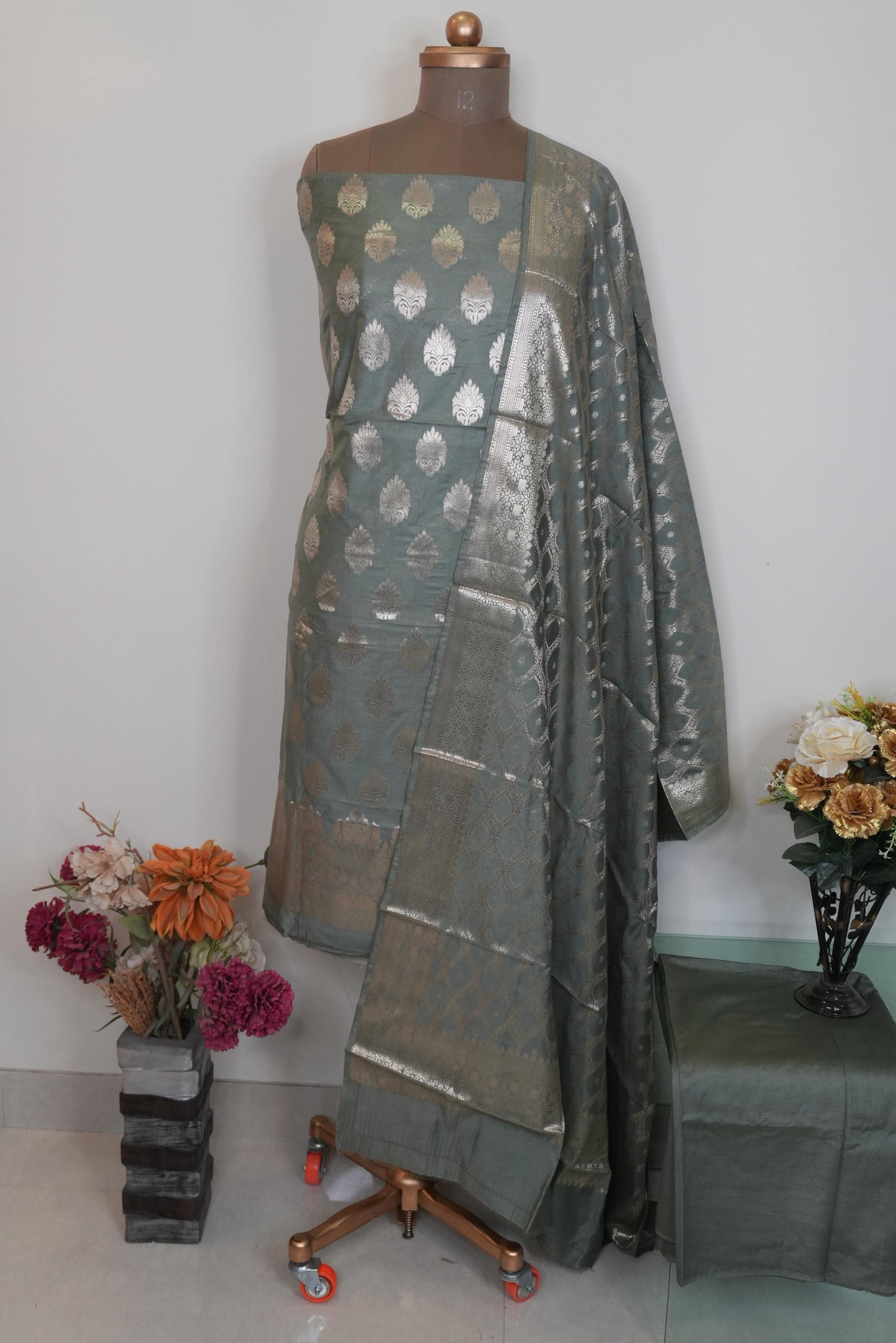Reshamnagari Grey Banarasi Chanderi Suit Set with Heavy Zari Woven Dupatta