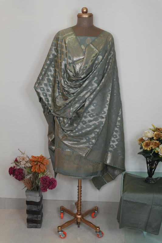 Reshamnagari Grey Banarasi Chanderi Suit Set with Zari Woven Design