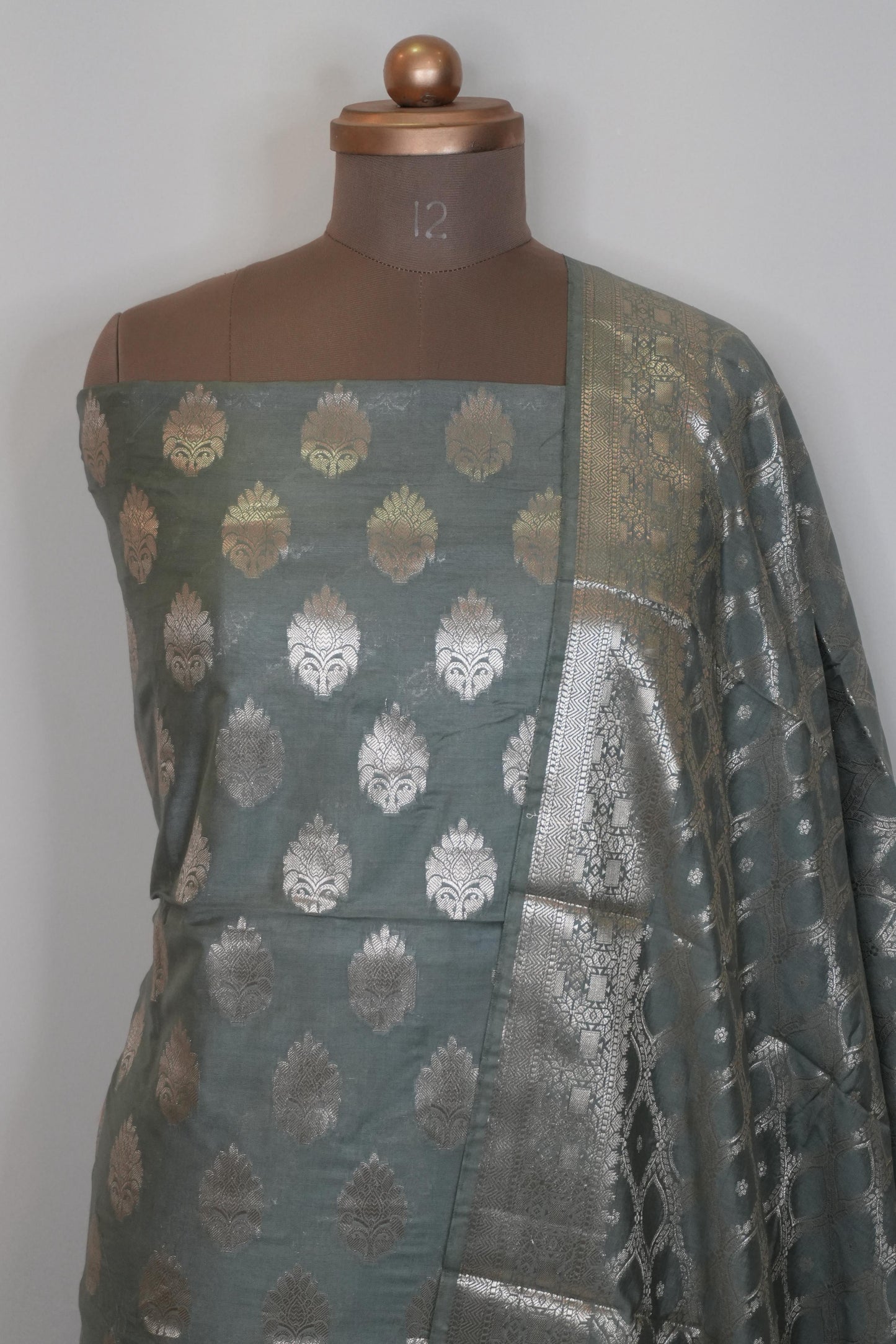 Reshamnagari Grey Banarasi Chanderi Suit Set with Heavy Zari Woven Dupatta