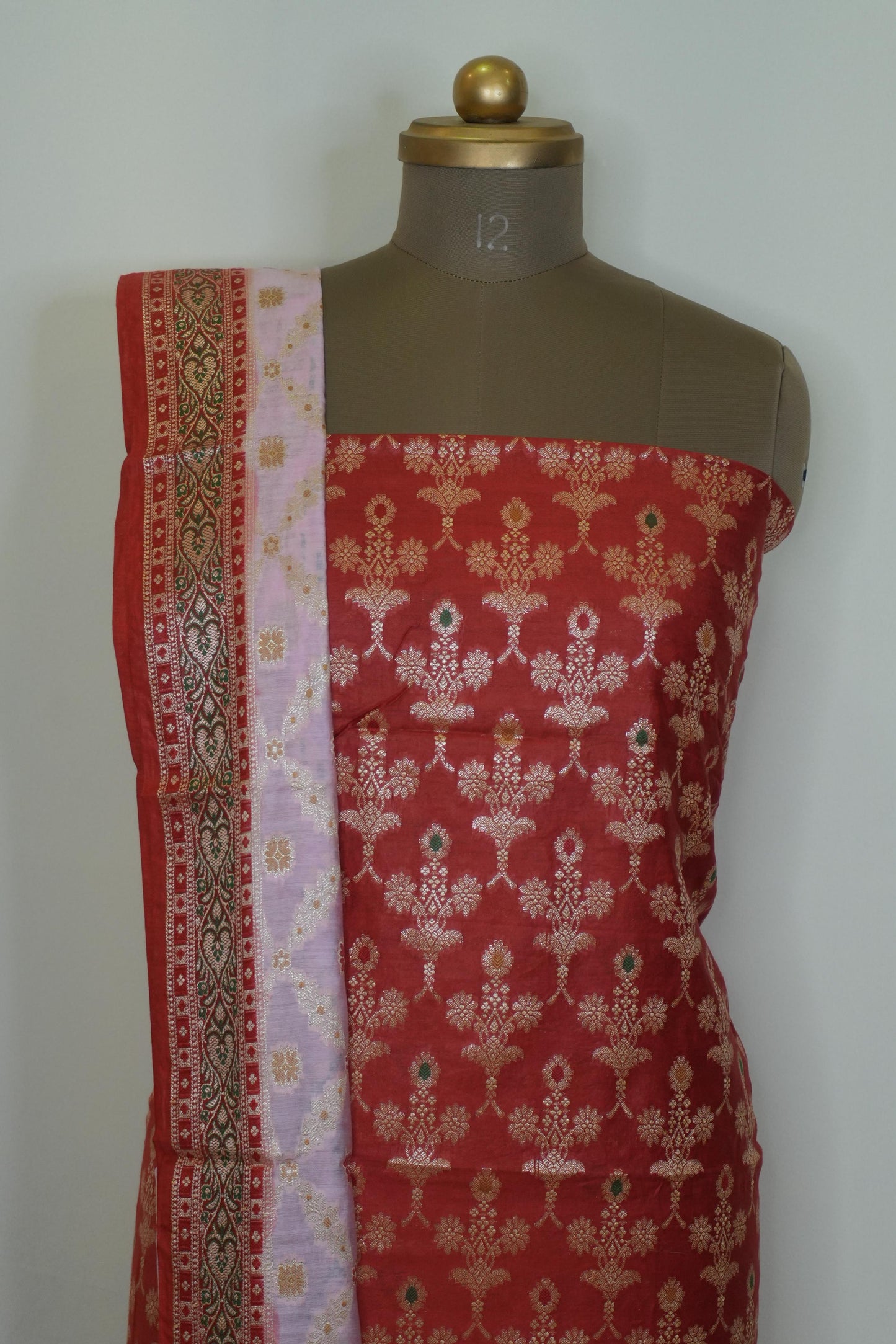 Reshamnagari Red Banarasi Chanderi Suit Set with Zari Floral Weaving