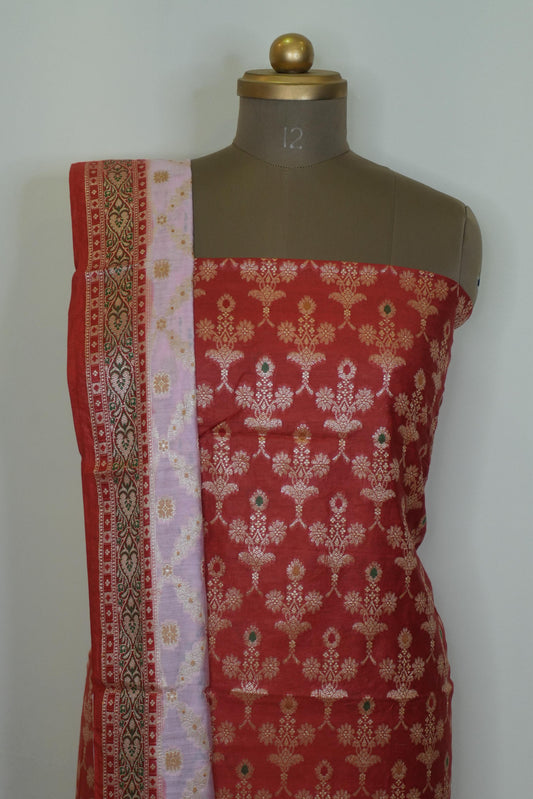 Reshamnagari Red Banarasi Chanderi Suit Set with Zari Floral Weaving