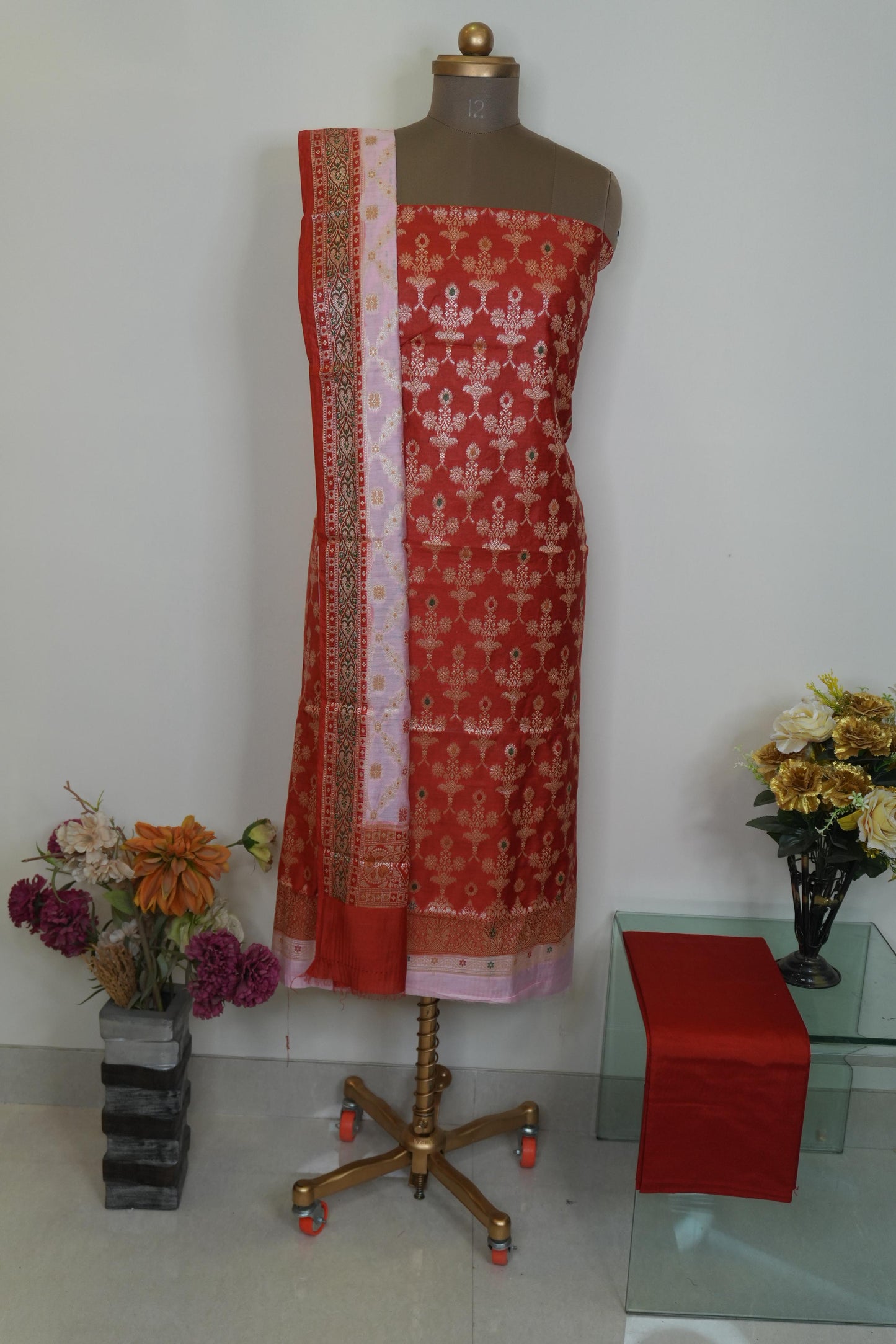 Reshamnagari Red Banarasi Chanderi Suit Set with Zari Floral Weaving