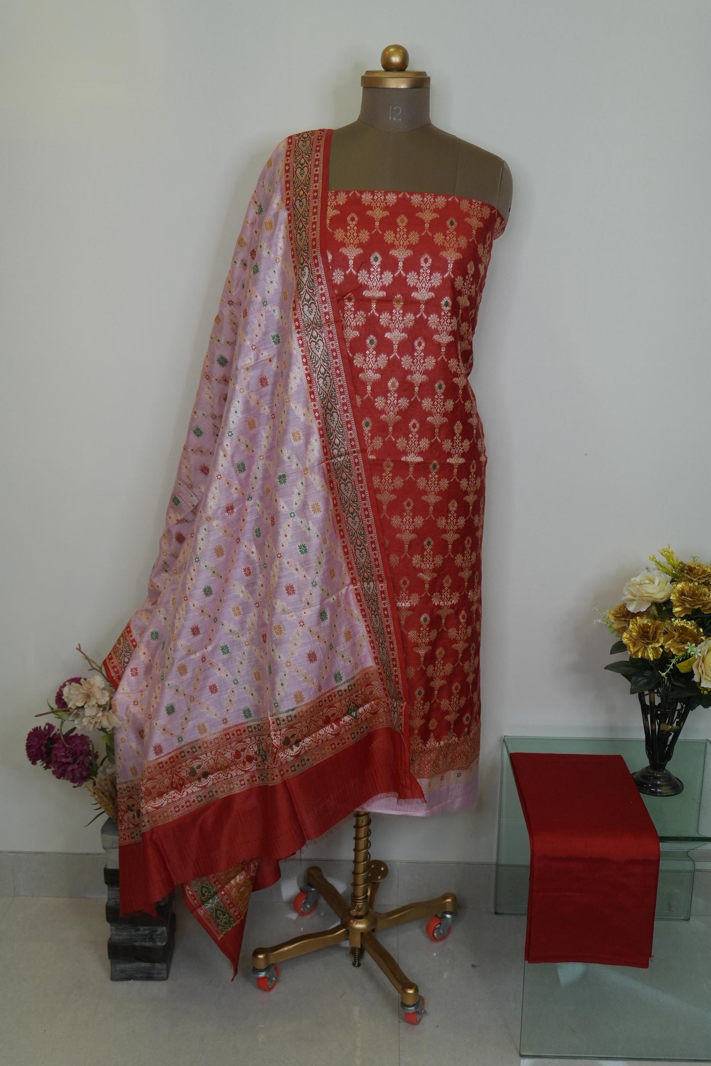 Reshamnagari Red Banarasi Chanderi Suit Set with Zari Floral Weaving