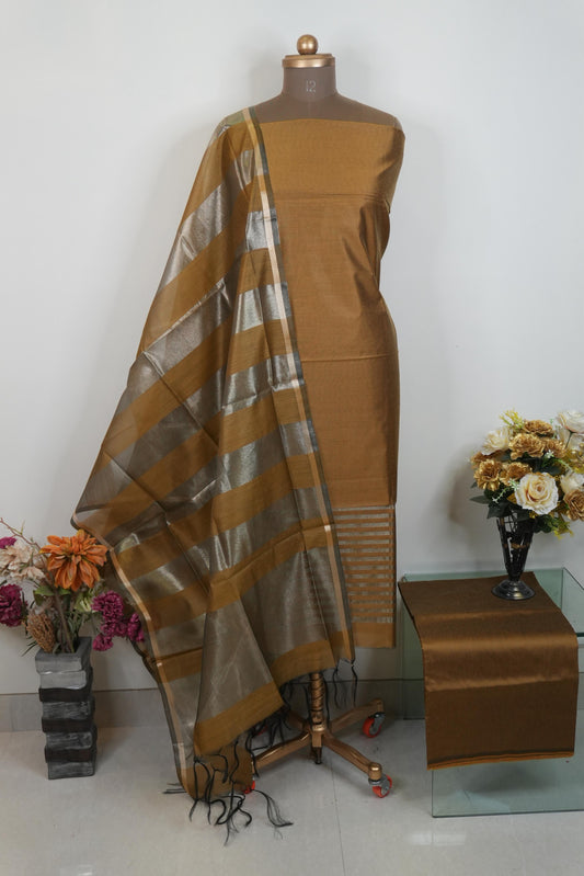 Reshamnagari Mustard Banarasi Chanderi Suit Set with Zari Striped Dupatta